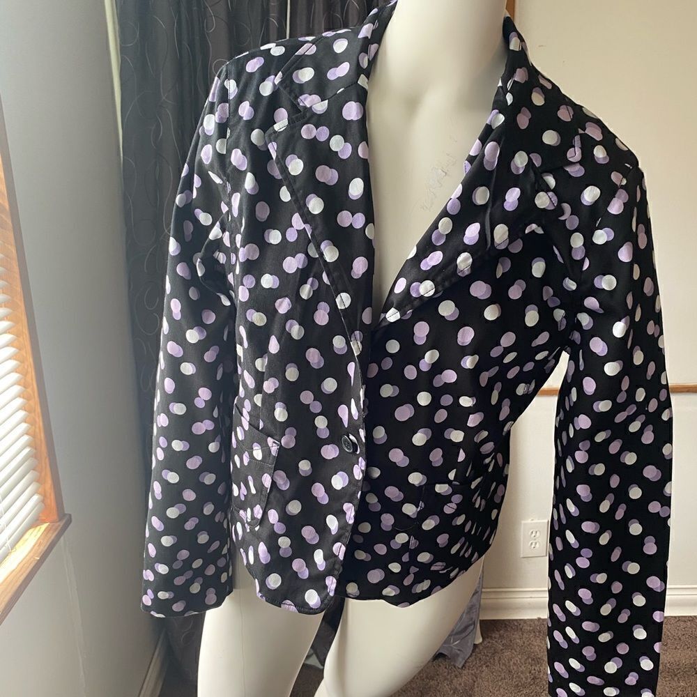 Larry Levine Stretch Black/Purple/Lavender/White Polka dot blazer, size 14